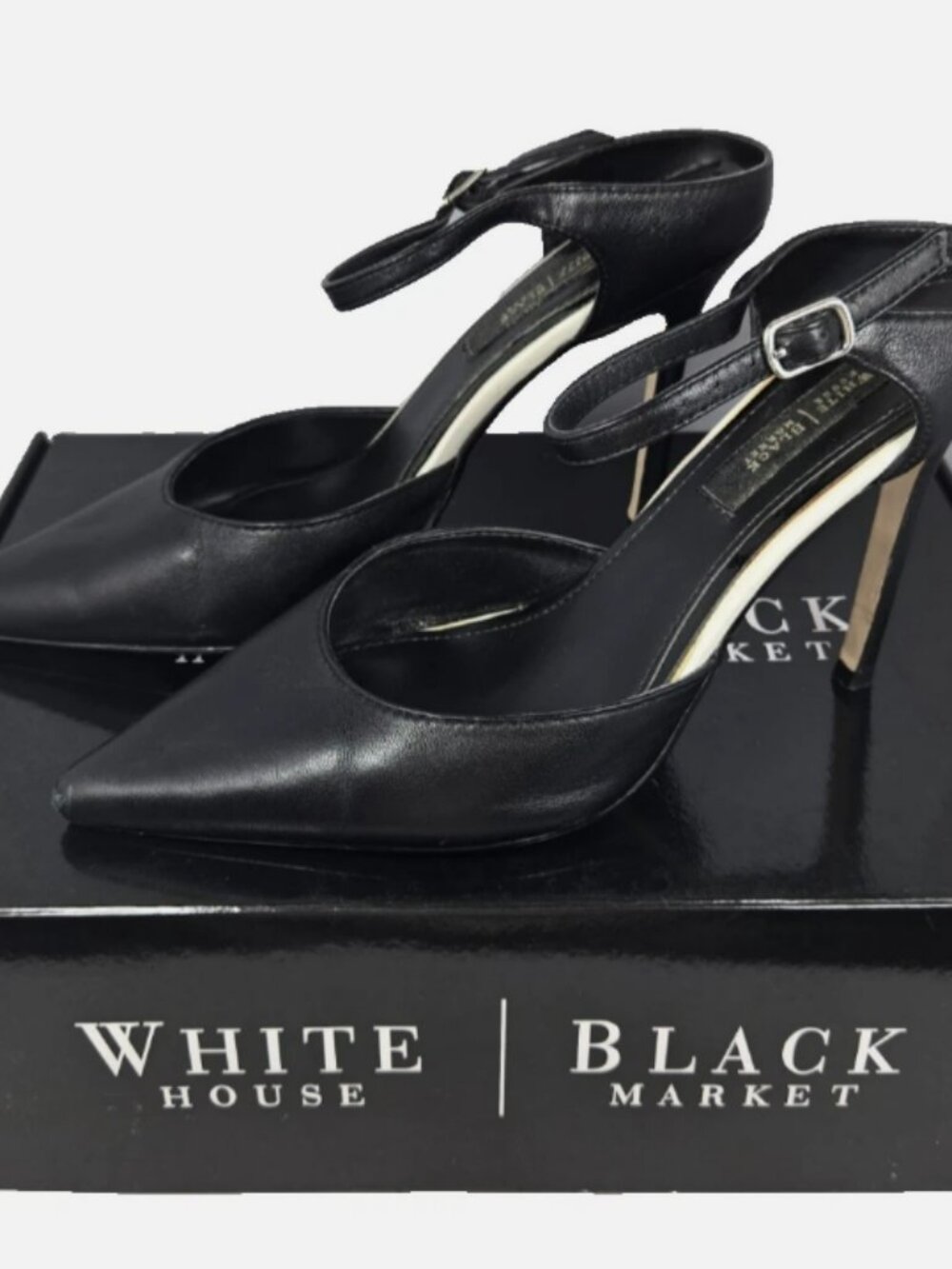 White House Black Market Castalia Black Pointed Toe Slingback Heels 7.5 in Box